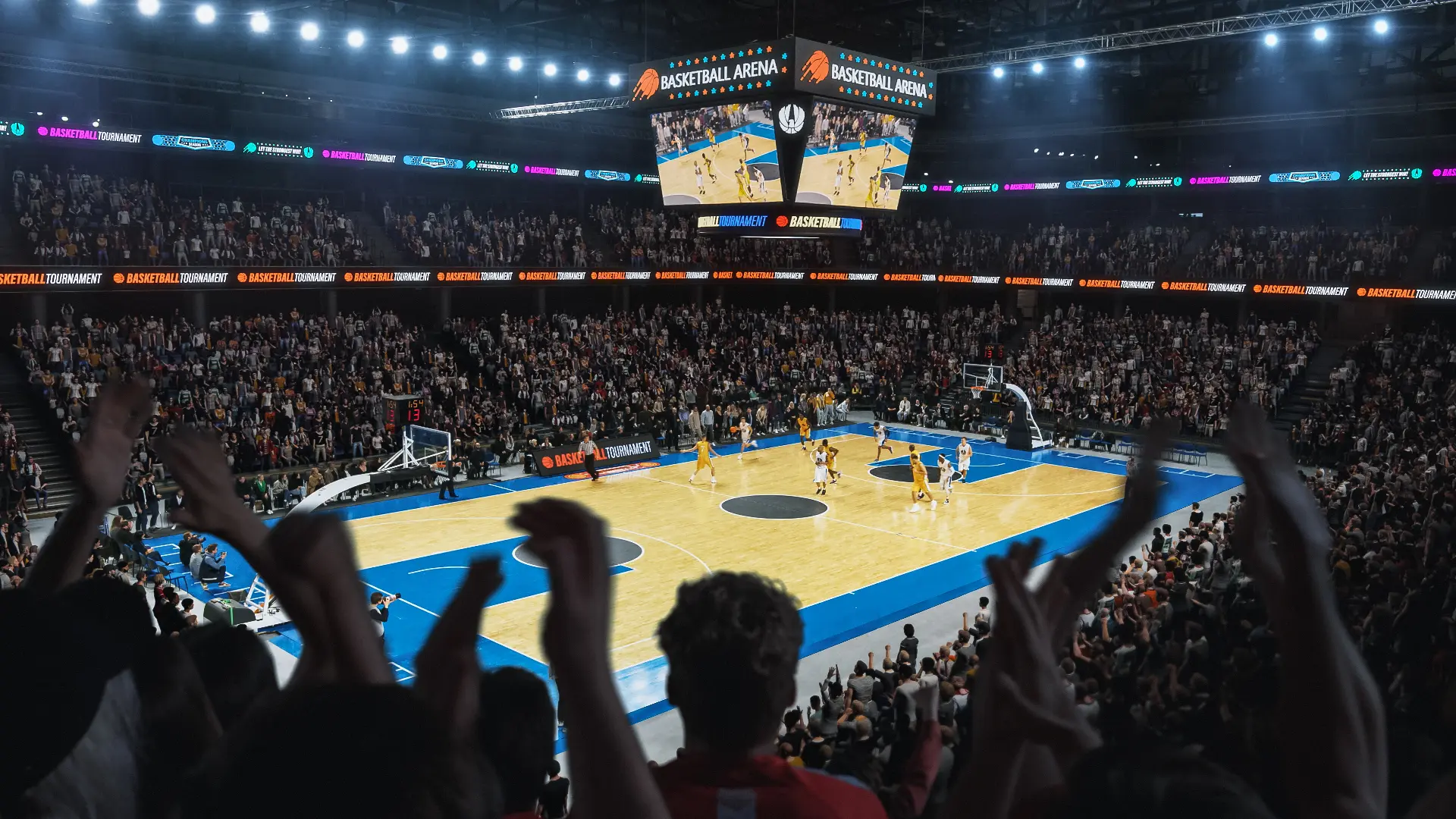 People are in a crowd overlooking a court at a professional basketball game