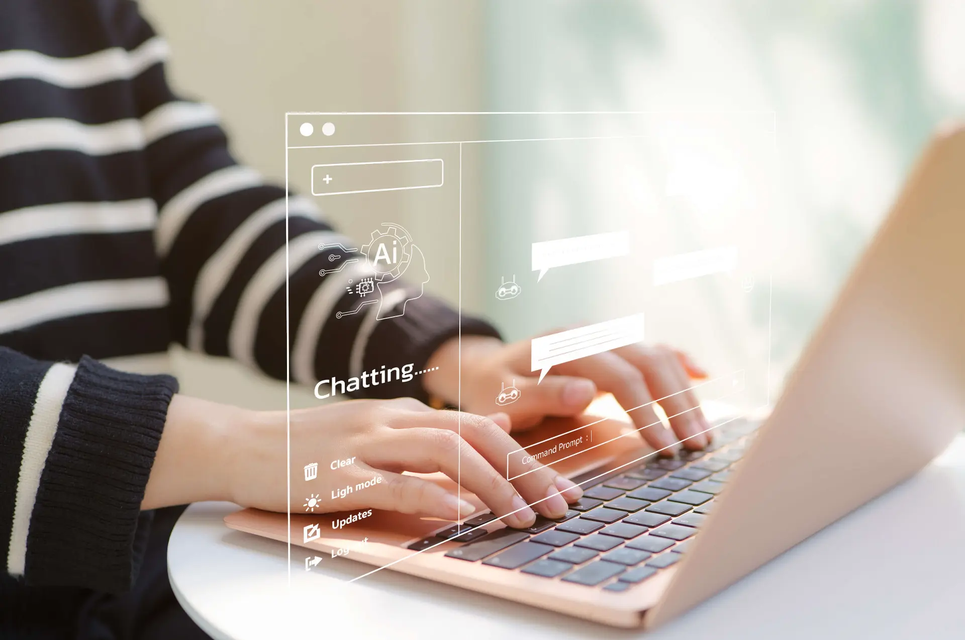 a person in a black and white striped sweater messages with an AI chatbot on a website