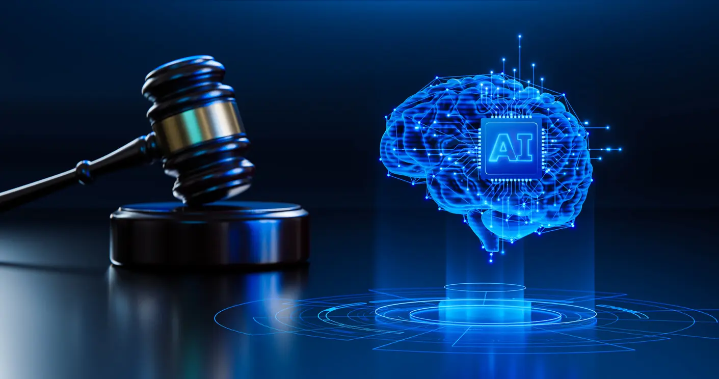 a judge's gavel sits next to a hologram of a brain with AI projected over it