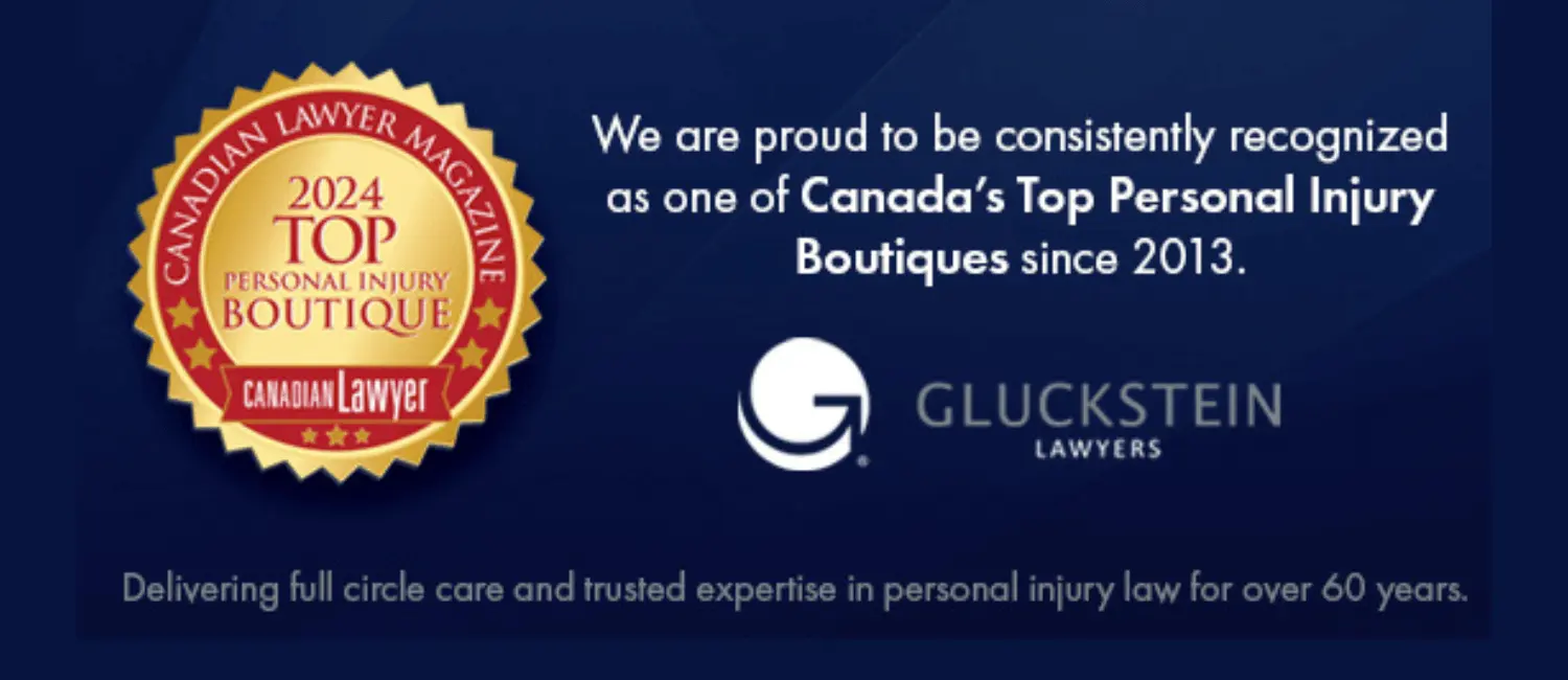 A top Personal Injury Boutique Firm badge next to text that reads "We are proud to be consistently recognized as one of Canada's Top Personal Injury Boutiques since 2013" A top Personal Injury Boutique Firm badge next to text that reads "We are proud to be consistently recognized as one of Canada's Top Personal Injury Boutiques since 2013"