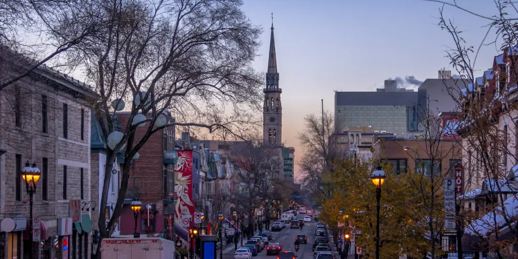 Cars in traffic at sunset in Quebec