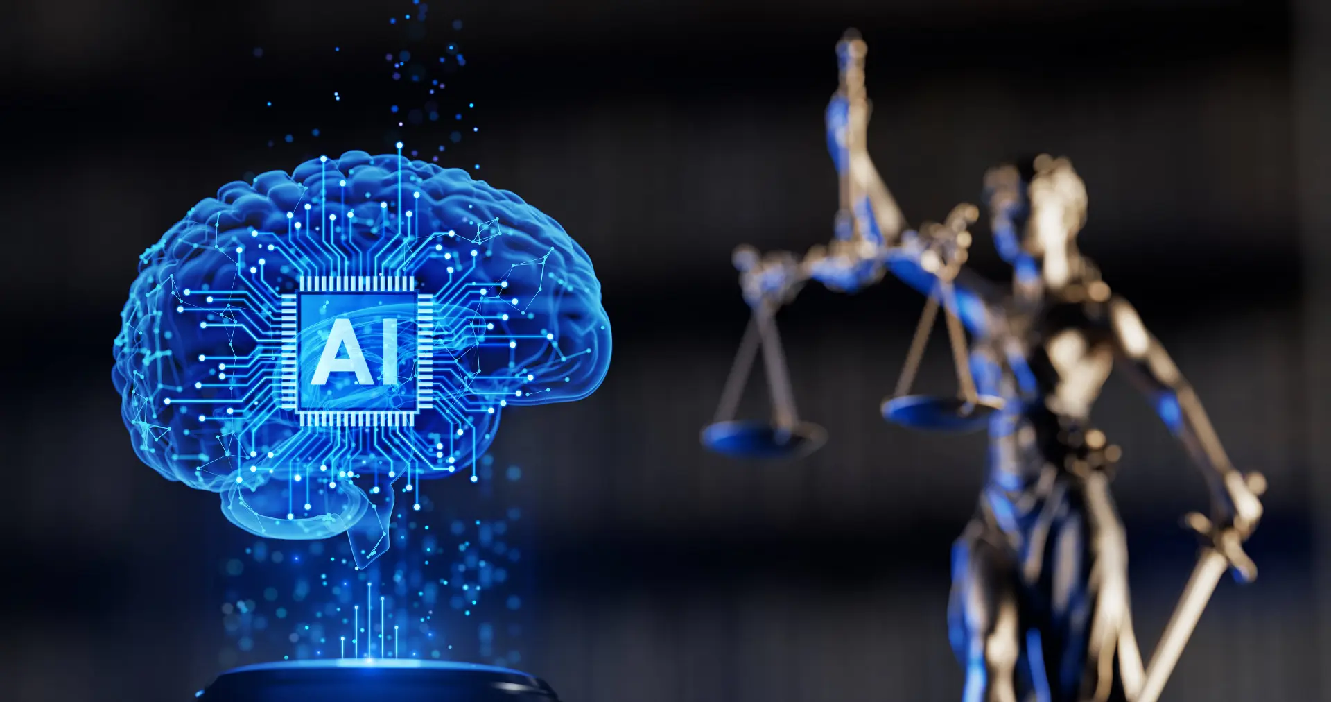 scales of justice next to a hologram of a brain with AI projected over it