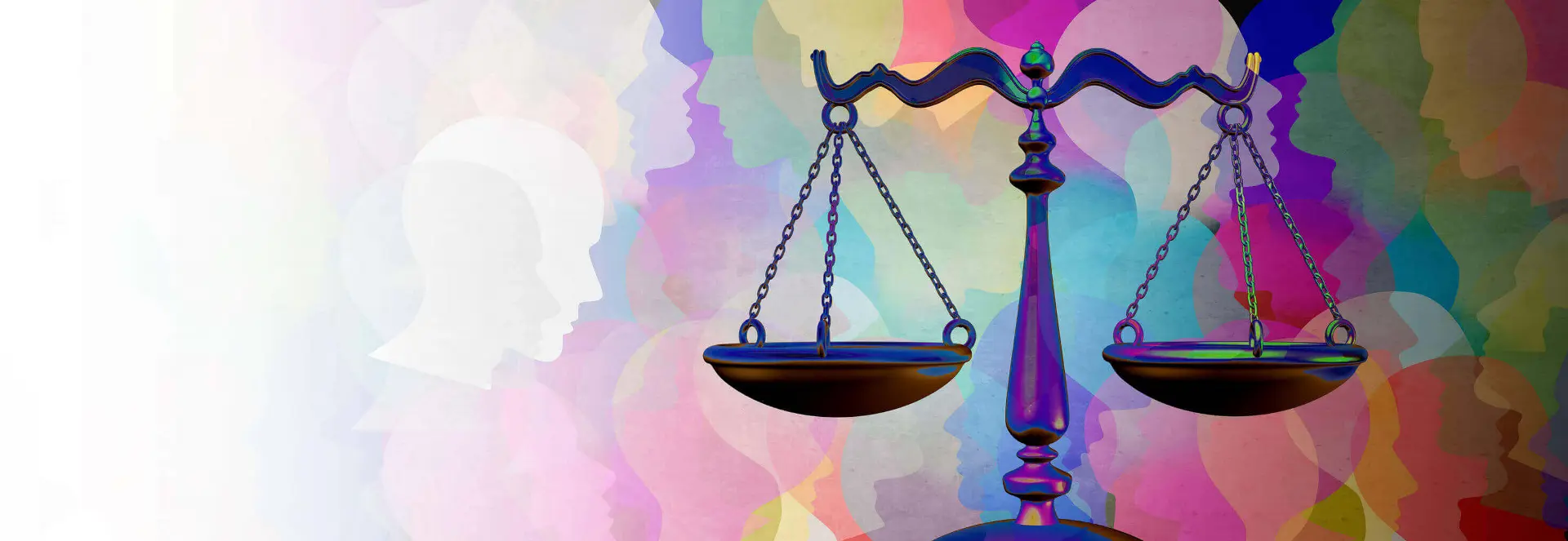 The background is a side profile silhouette of a man's head, all the heads are different colours and orientations. The background fades from right to left. There is a graphic of a scale that is coloured purple and green chrome. The background is a side profile silhouette of a man's head, all the heads are different colours and orientations. The background fades from right to left. There is a graphic of a scale that is coloured purple and green chrome.