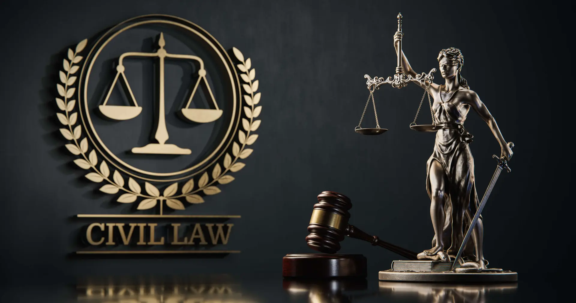 the scales of justice next to a gavel with the phrase "civil law" in the background