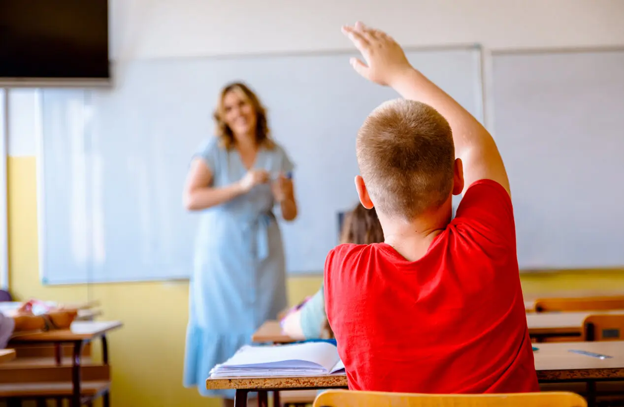 view of a boy raising hand to answer female teacher's question during class in classroom