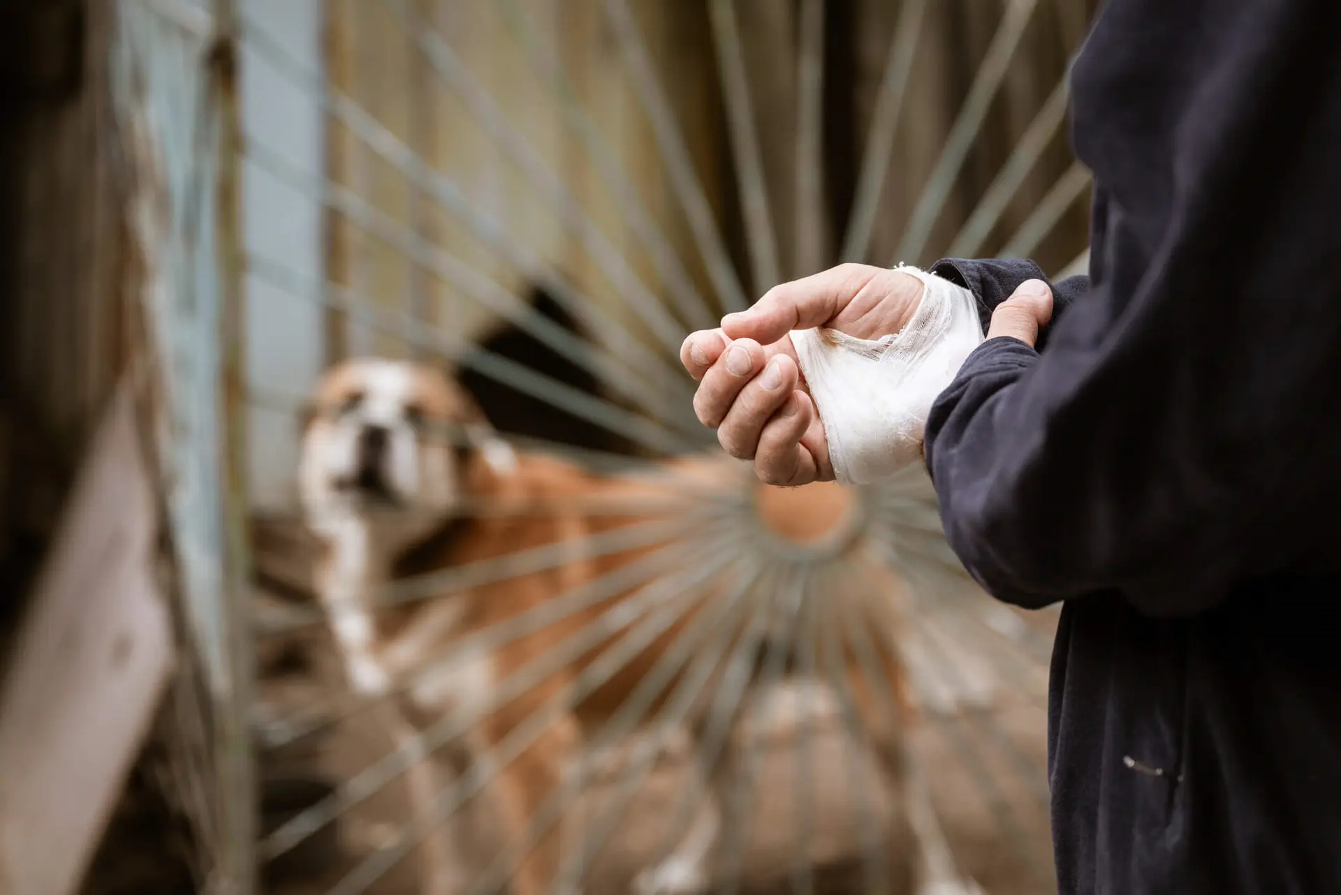 a person who has been bit by a dog stands with a bandaged hand