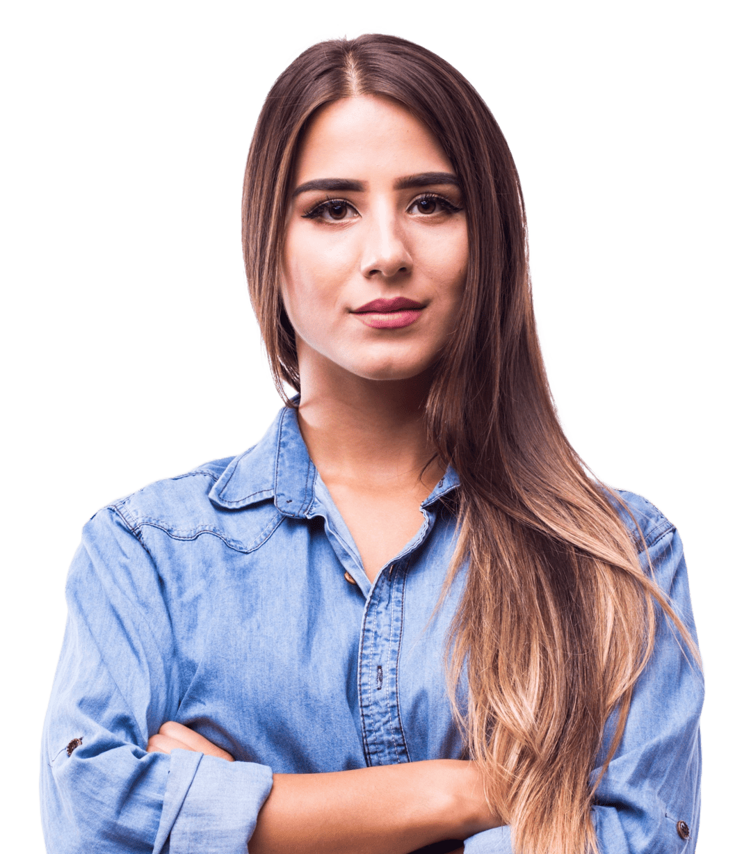 Women in denim shirt with arms folder