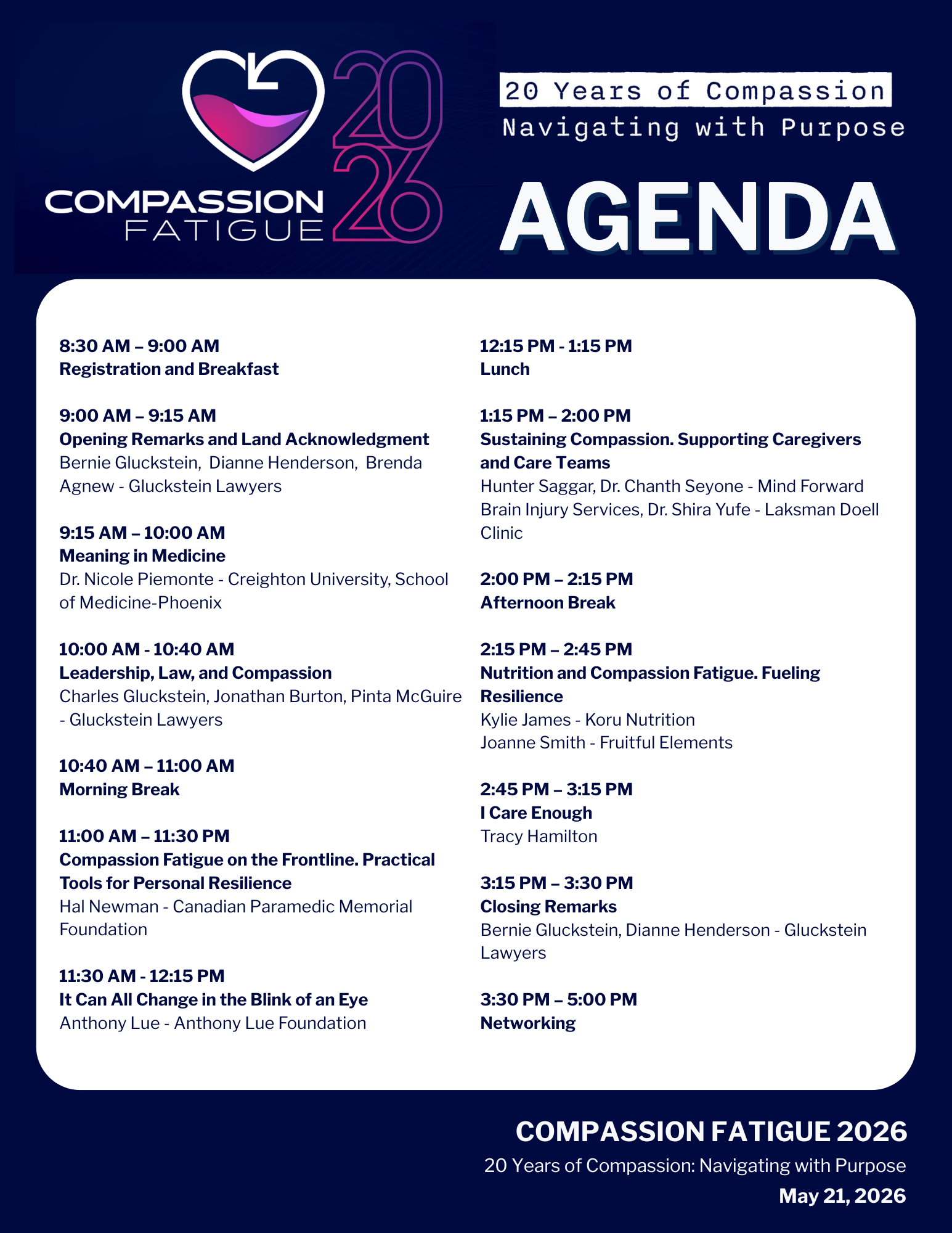 Agenda for our 20th annual Compassion Fatigue Conference
