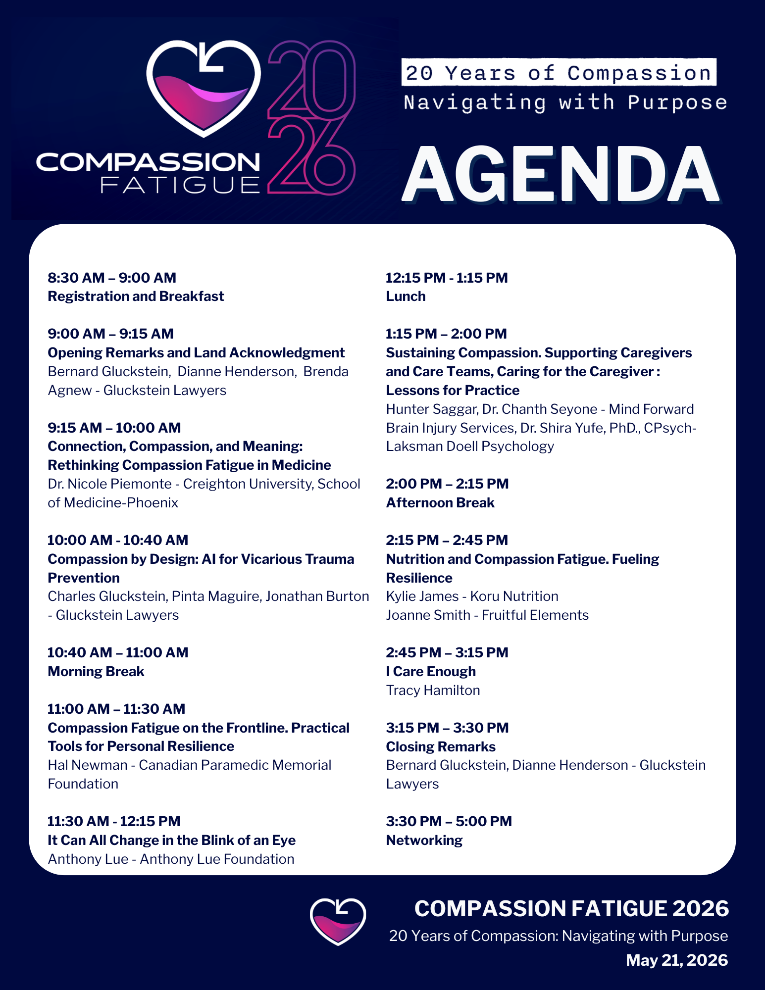 Agenda for our 20th annual Compassion Fatigue Conference