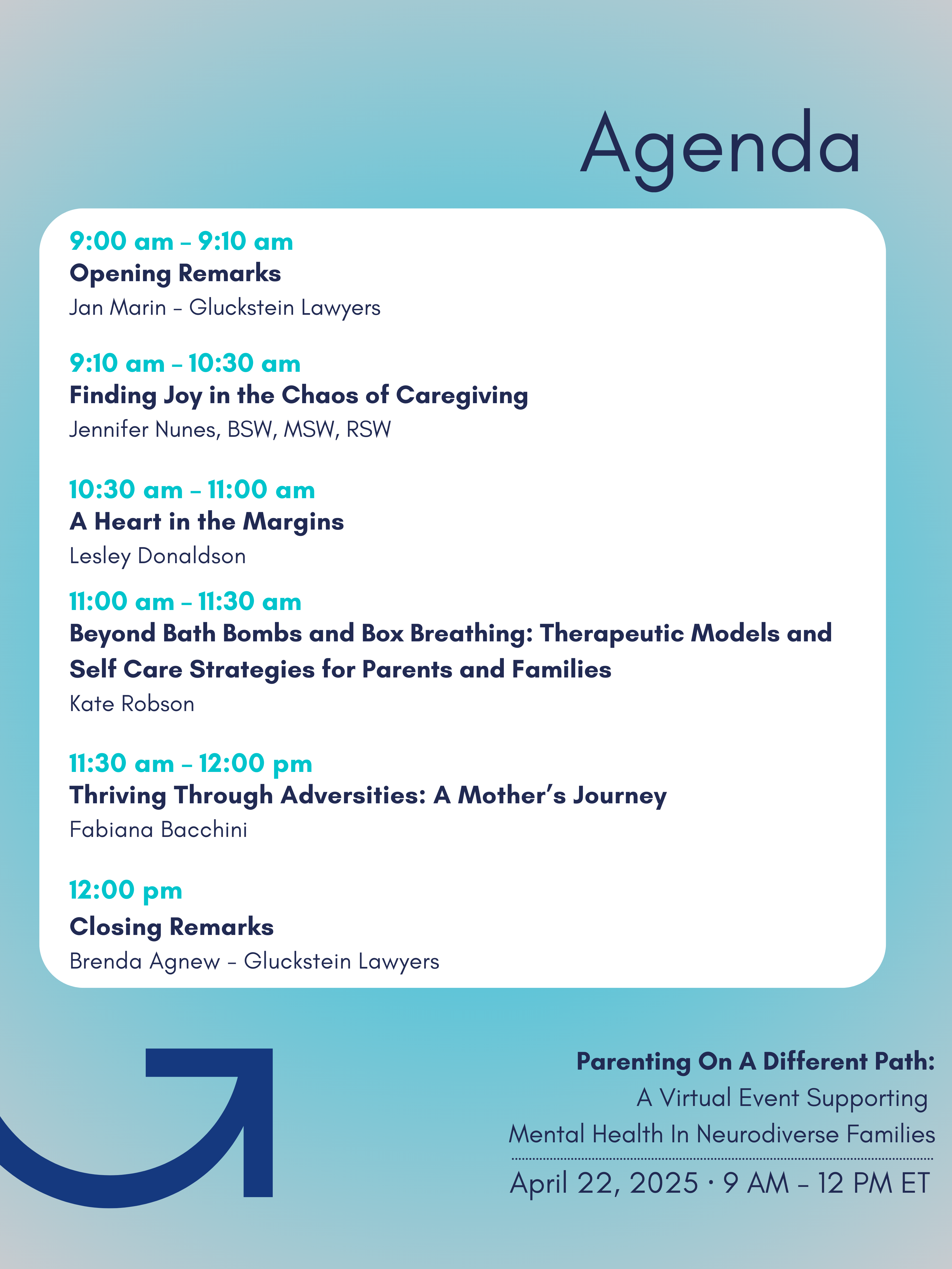 Agenda for our FREE Parenting on a Different Path Mental Health Event