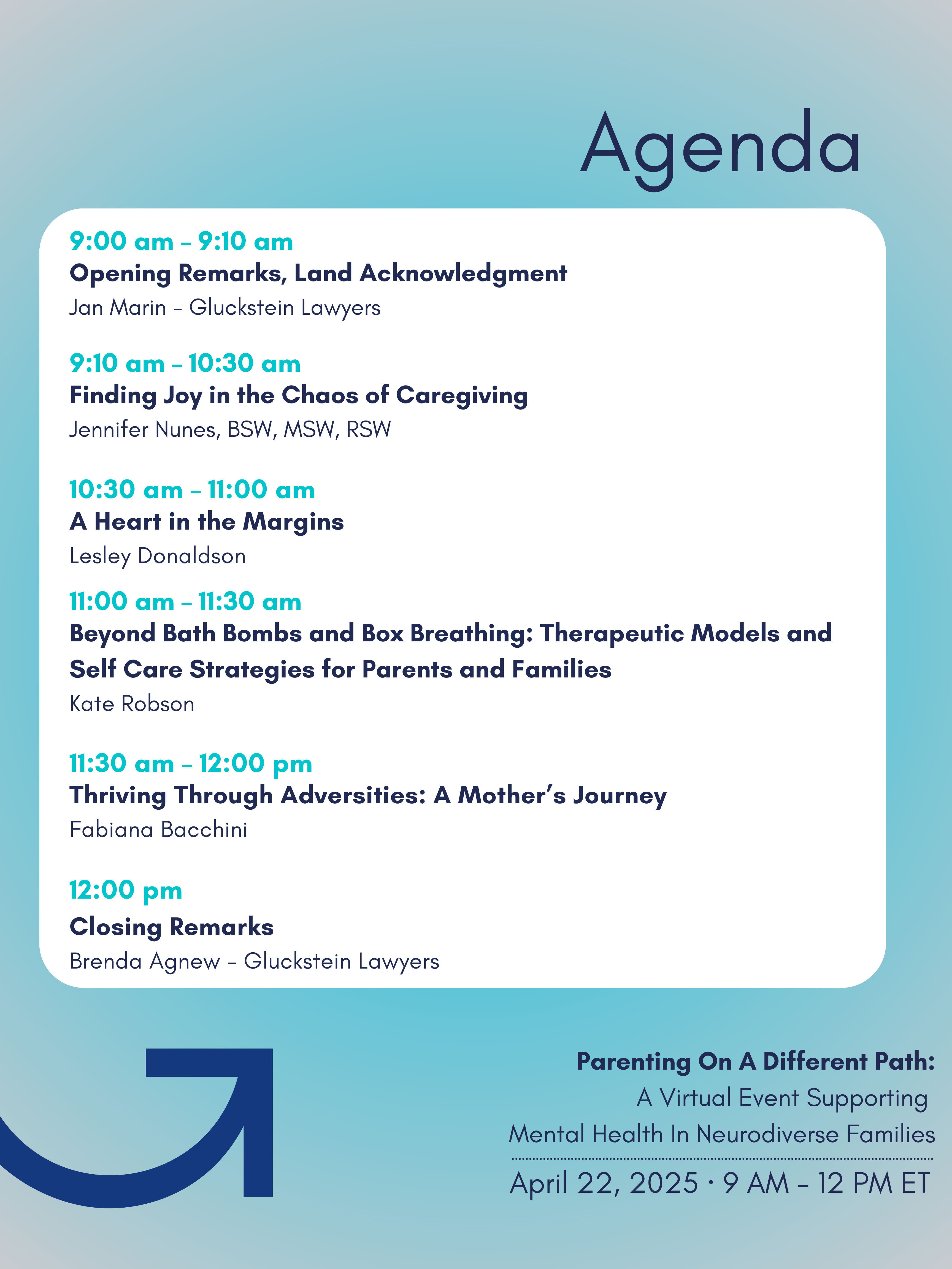 Agenda for our Parenting on a Different Path FREE Mental Health Event