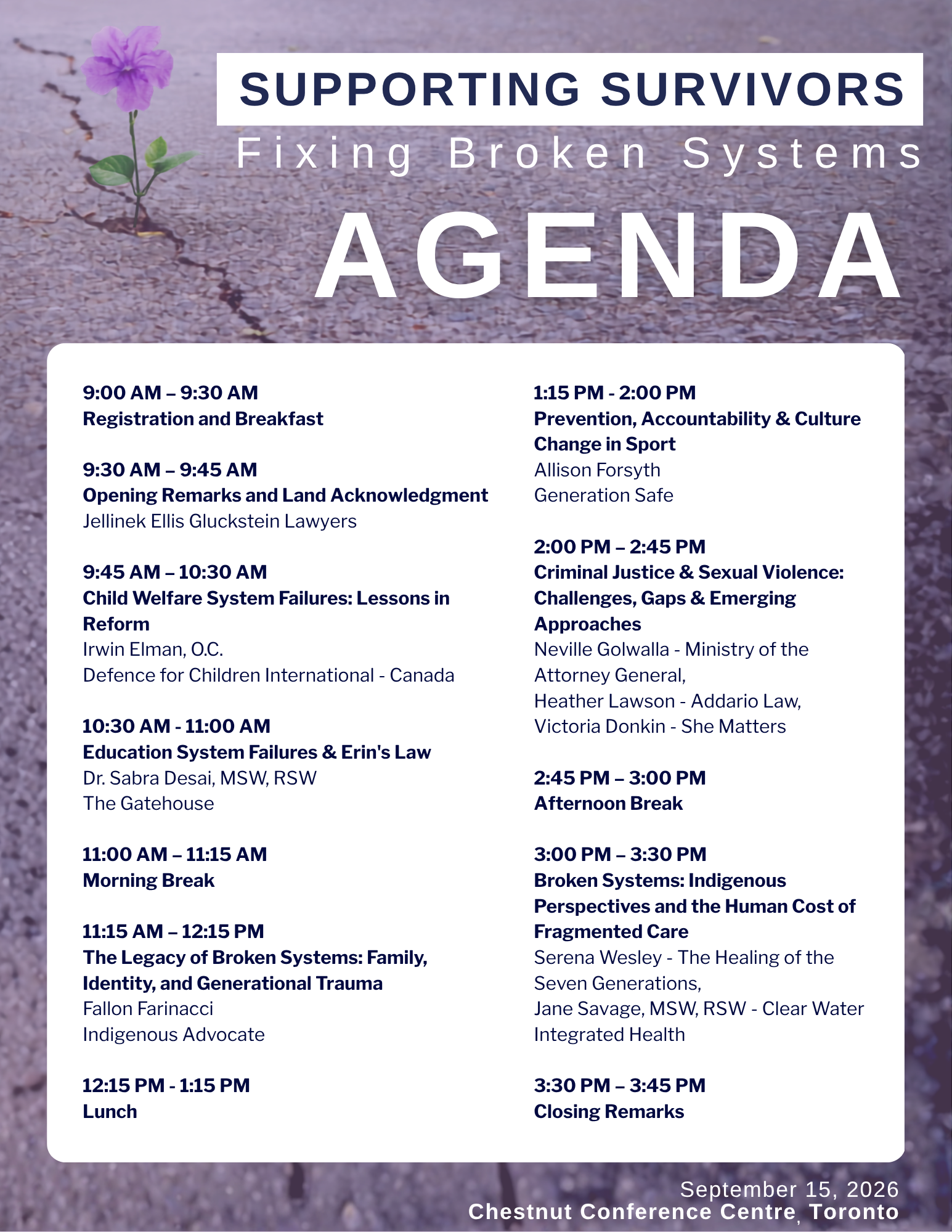 Agenda for our 2026 Supporting Survivors of Sexual Abuse Conference - Fixing Broken Systems