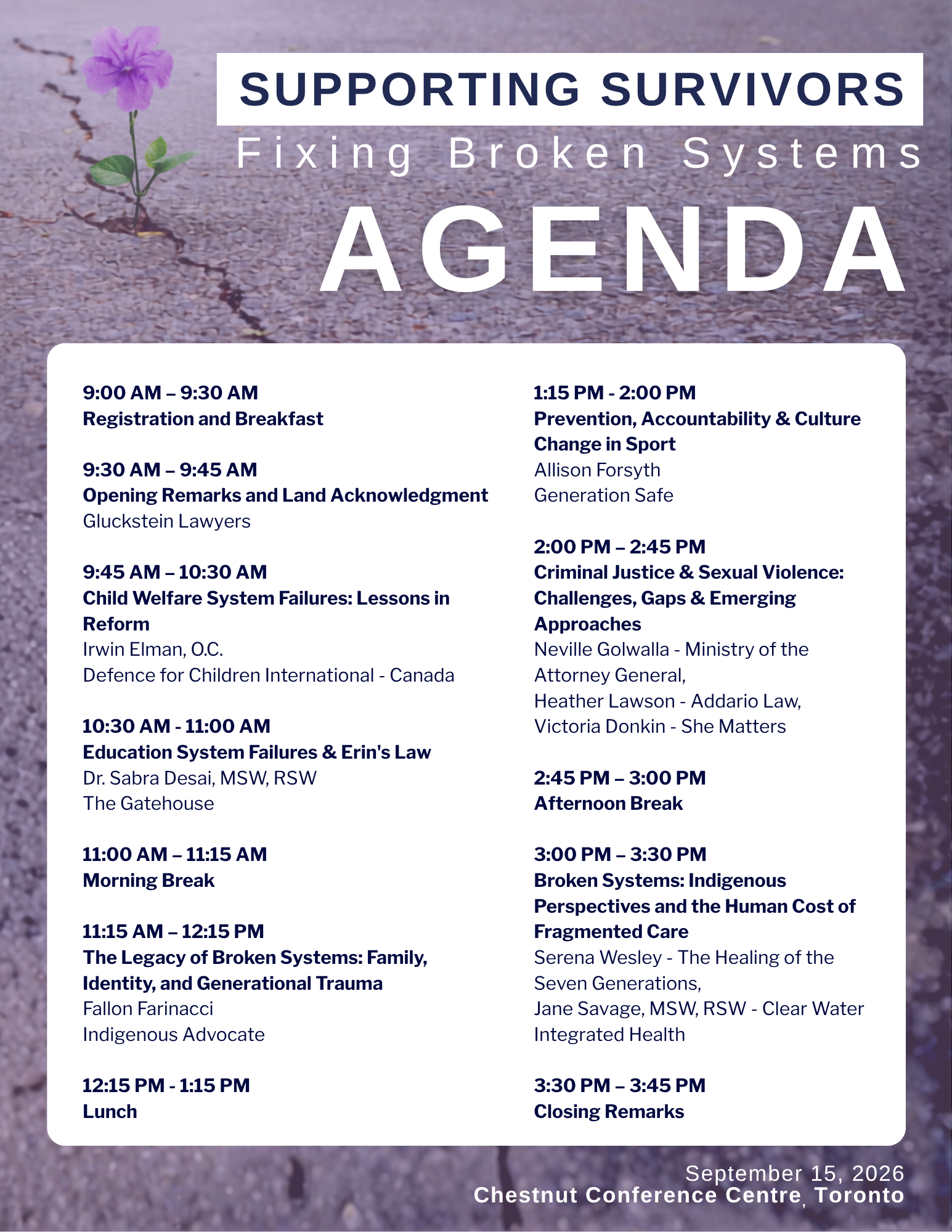 Agenda for our 2026 Supporting Survivors of Sexual Abuse Conference - Fixing Broken Systems