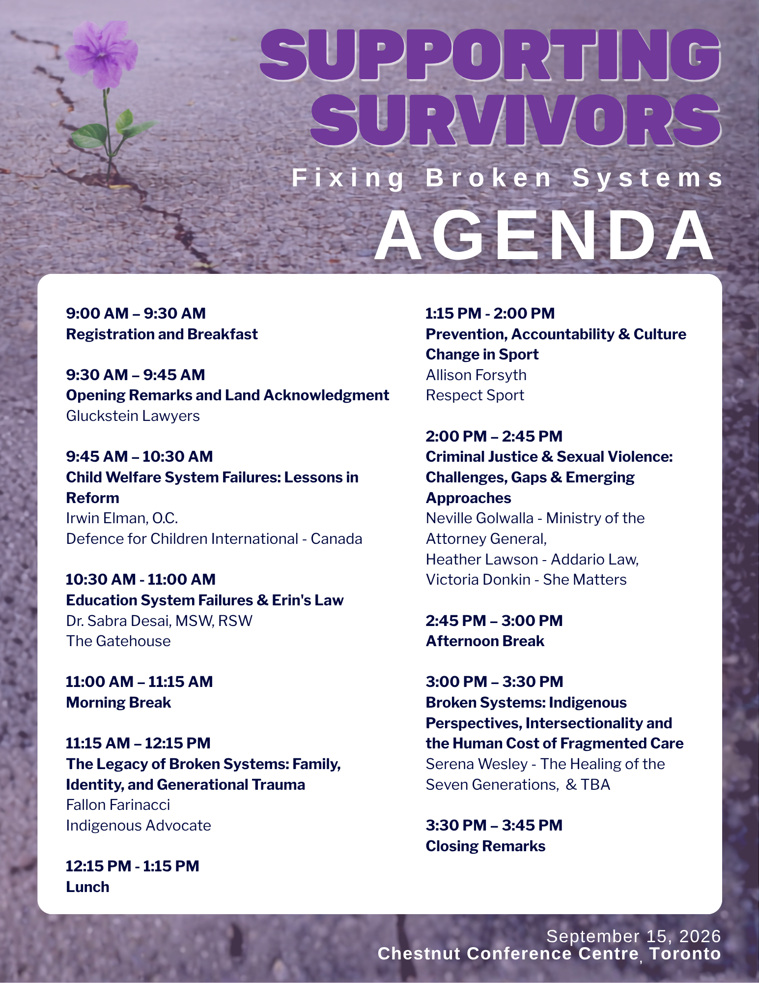 Agenda for our 2026 Supporting Survivors of Sexual Abuse Conference - Fixing Broken Systems