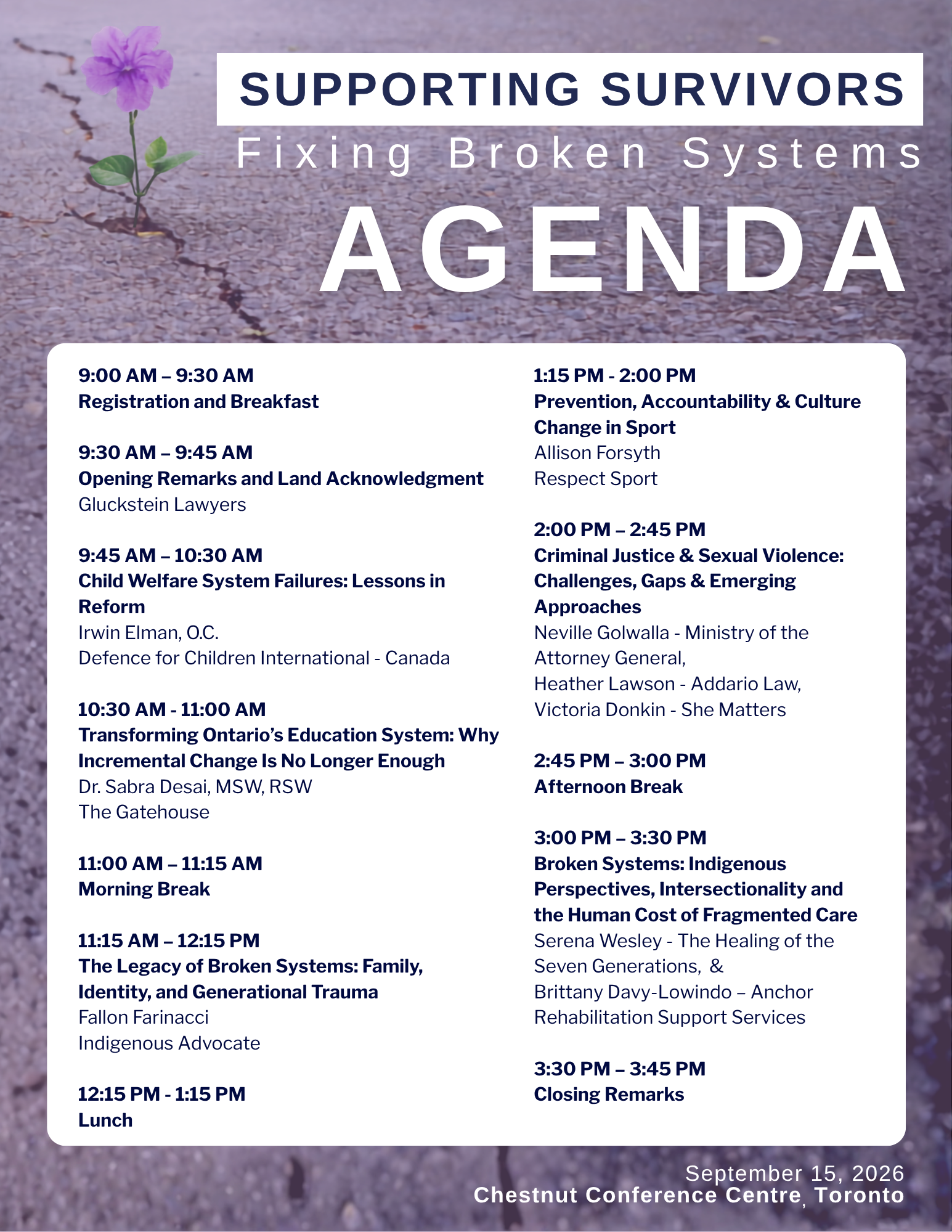 Agenda for our 2026 Supporting Survivors of Sexual Abuse Conference - Fixing Broken Systems