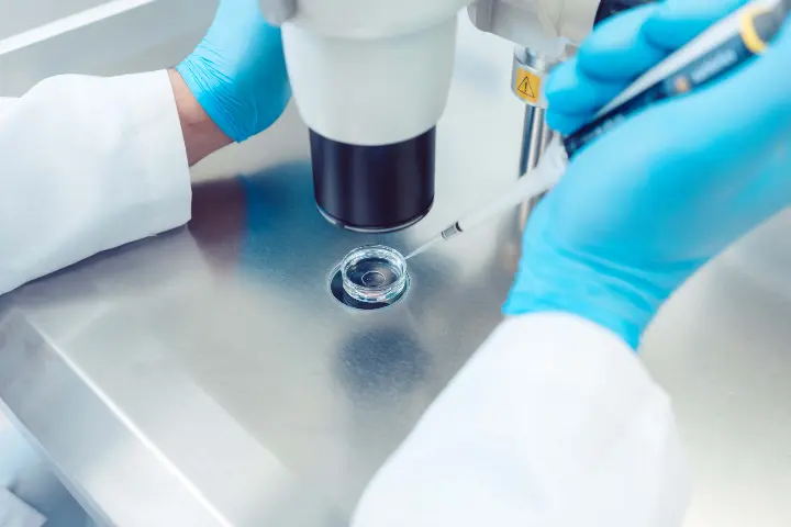 a scientist in a laboratory uses a pipette to fertilize an egg