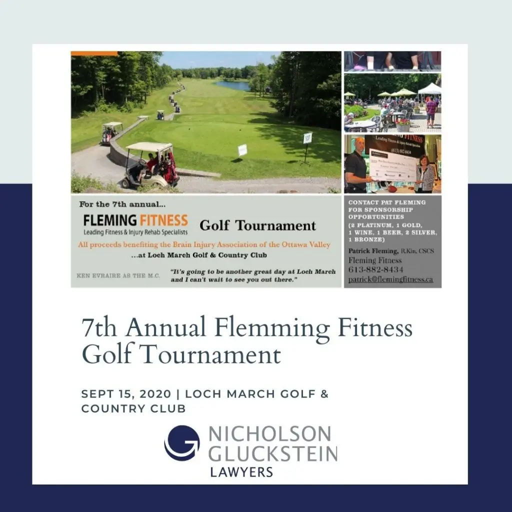 Collage of pictures, a long train of golf carts driving down a path, a woman and man holding a large cheque, text that says 7th annual flemming fitness golf tournament