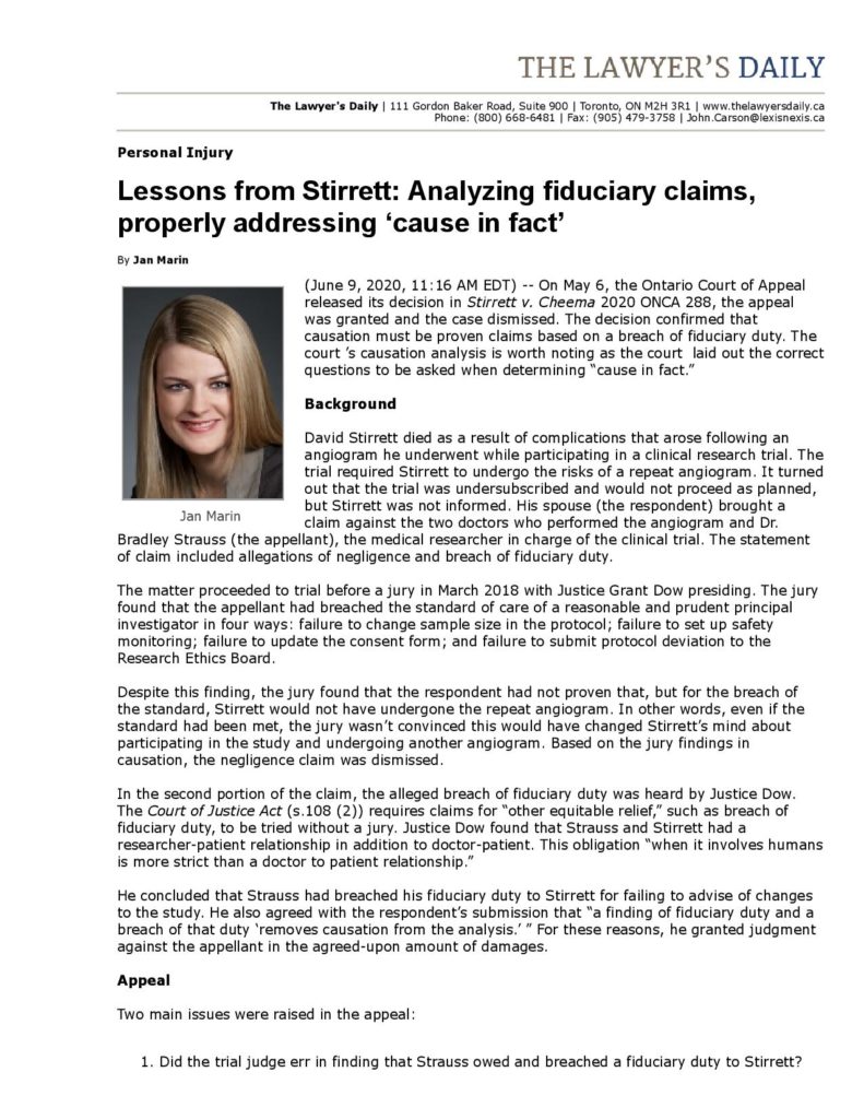 Lessons from Stirrett: Analyzing fiduciary claims, properly addressing 'cause in fact" article in The Lawyer's Daily written by Jan Marin