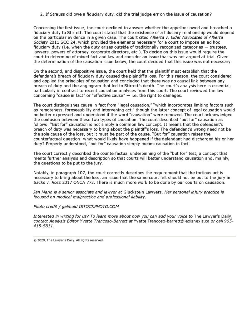 Part 2 Lessons from Stirrett: Analyzing fiduciary claims, properly addressing 'cause in fact" article in The Lawyer's Daily written by Jan Marin