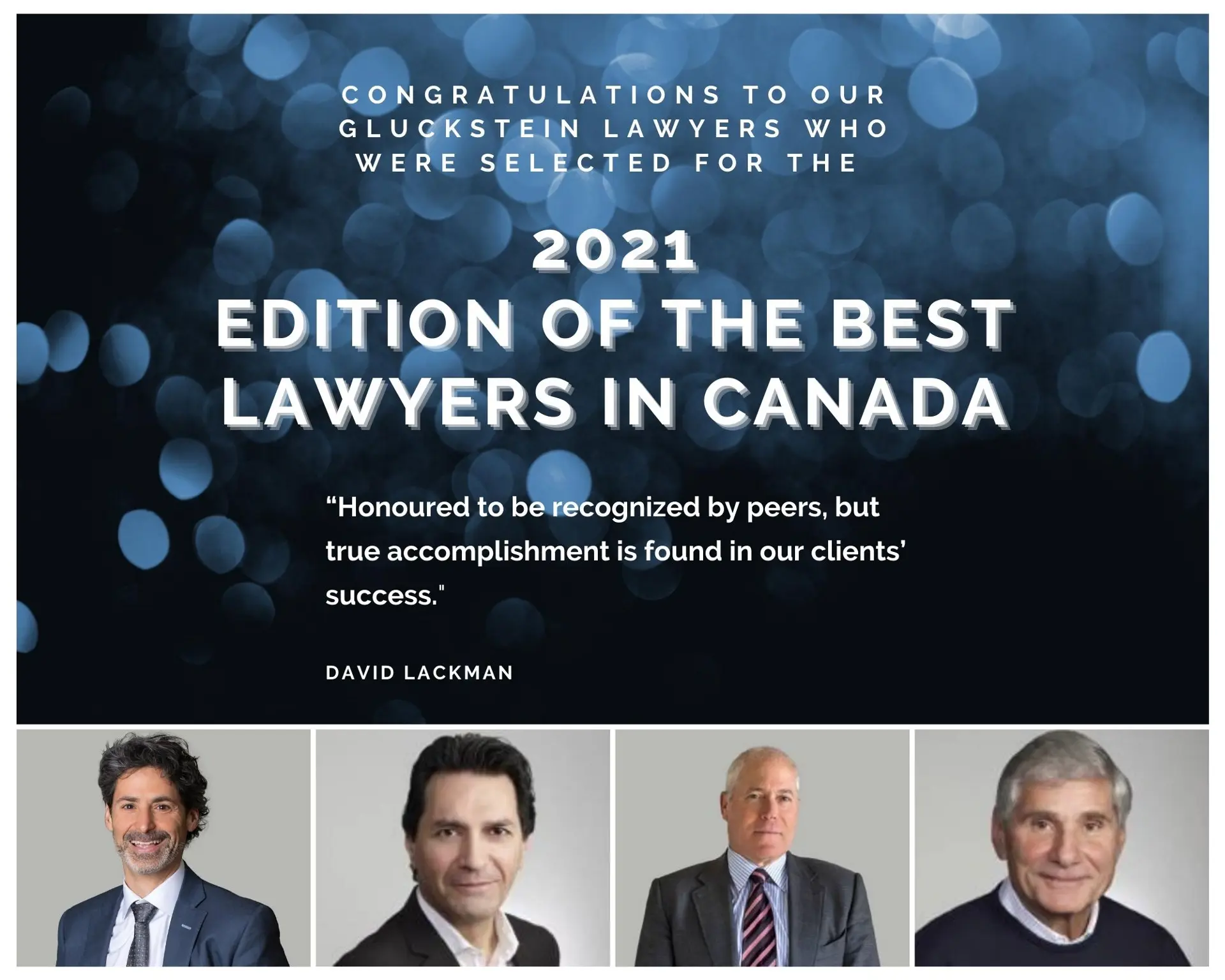 Defocused Particles Background (Blue) stock photo, and headshots of four lawyers, catption 2021 edition of the best lawyers in canada