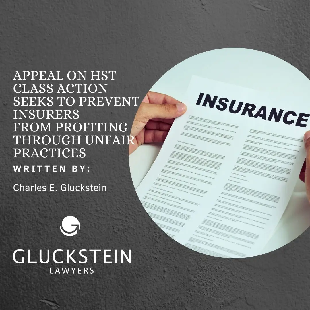 Close up of someone holding and reviewing an insurance policy detail to customer stock photo and title on left, "Appeal on HST Class Action Seeks to Prevent Insurers from Profiting Through Unfair Practices" over a dark gray background