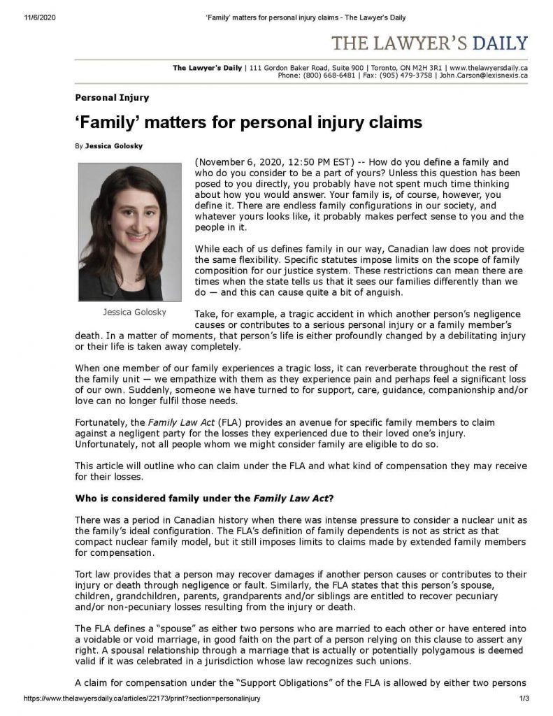 Jessica Golosky ‘Family matters for personal injury claims The Lawyer s Daily page 001 1