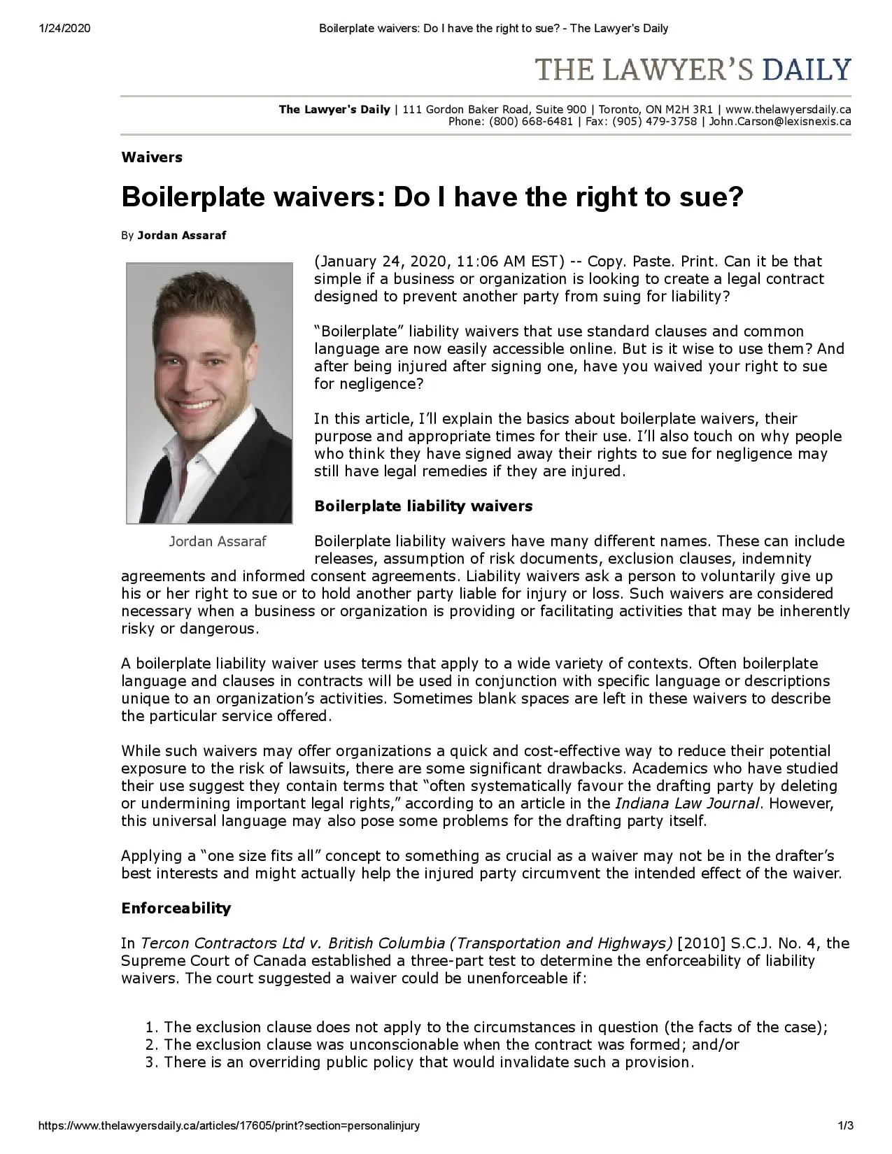 Jordan Assaraf Boilerplate waivers Do I have the right to sue The Lawyer s Daily page 001