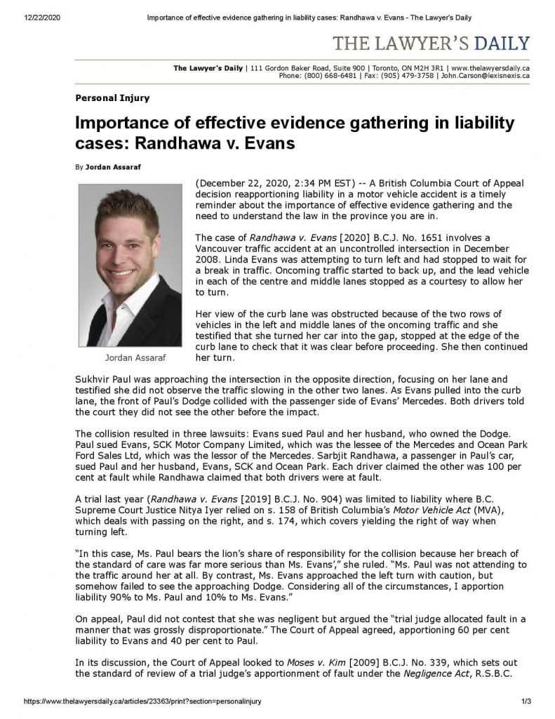 Jordan Assaraf Importance of effective evidence gathering in liability cases Randhawa v. Evans The Lawyer s Daily page 001 1