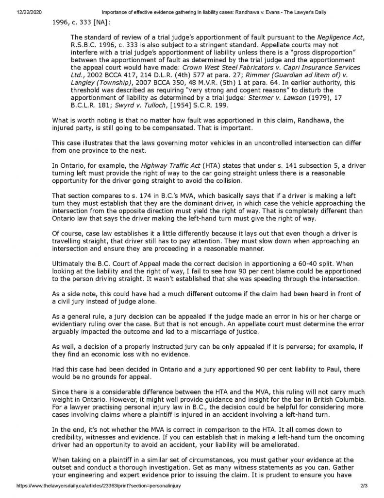 Jordan Assaraf Importance of effective evidence gathering in liability cases Randhawa v. Evans The Lawyer s Daily page 002 1