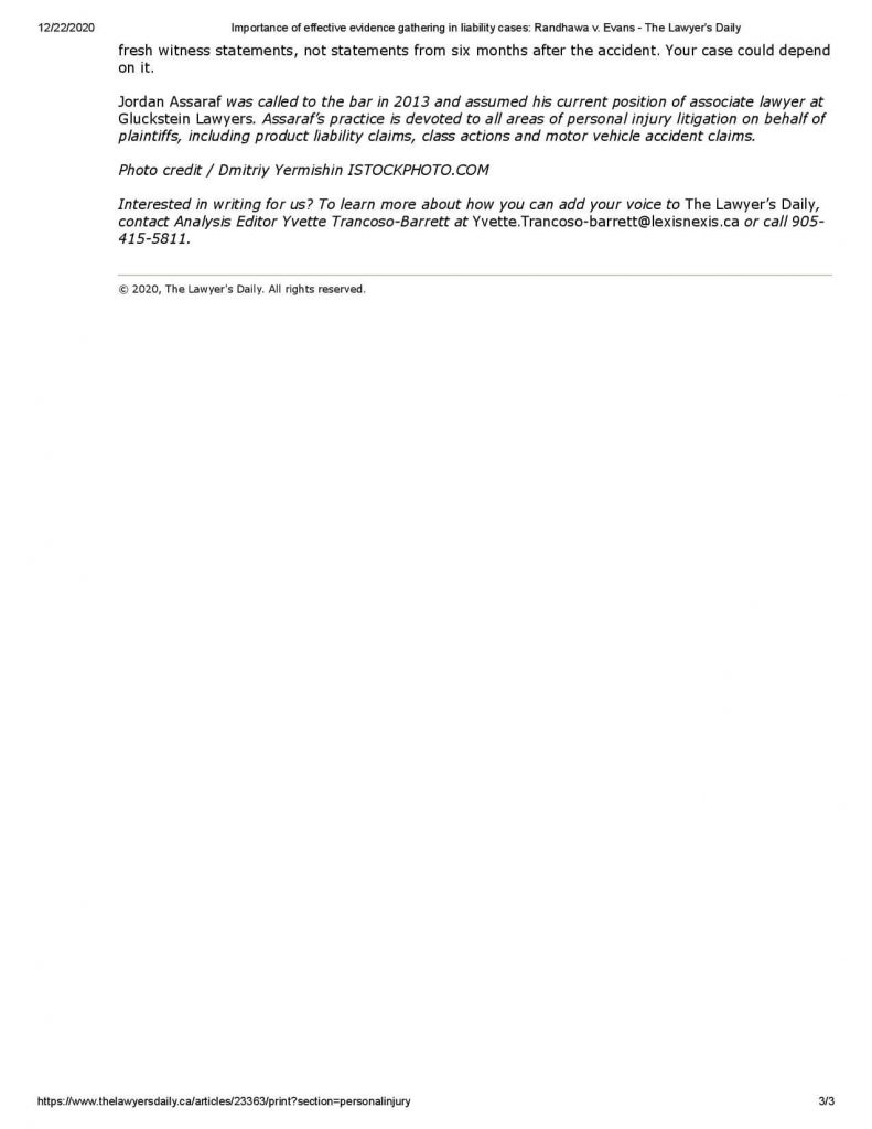 Jordan Assaraf Importance of effective evidence gathering in liability cases Randhawa v. Evans The Lawyer s Daily page 003 1