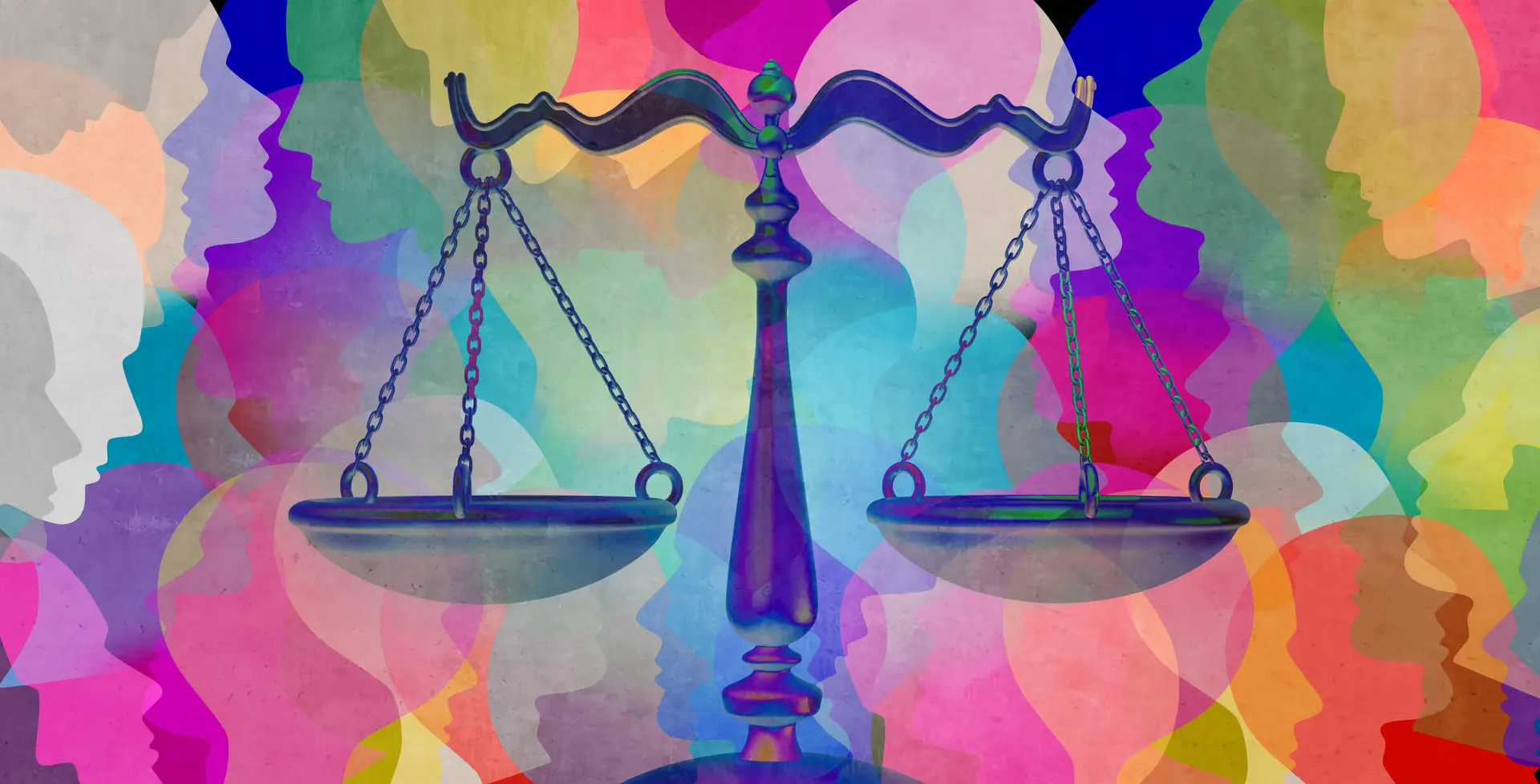 Social justice collage as a crowd of diverse people with the scales of justice representing equal rights