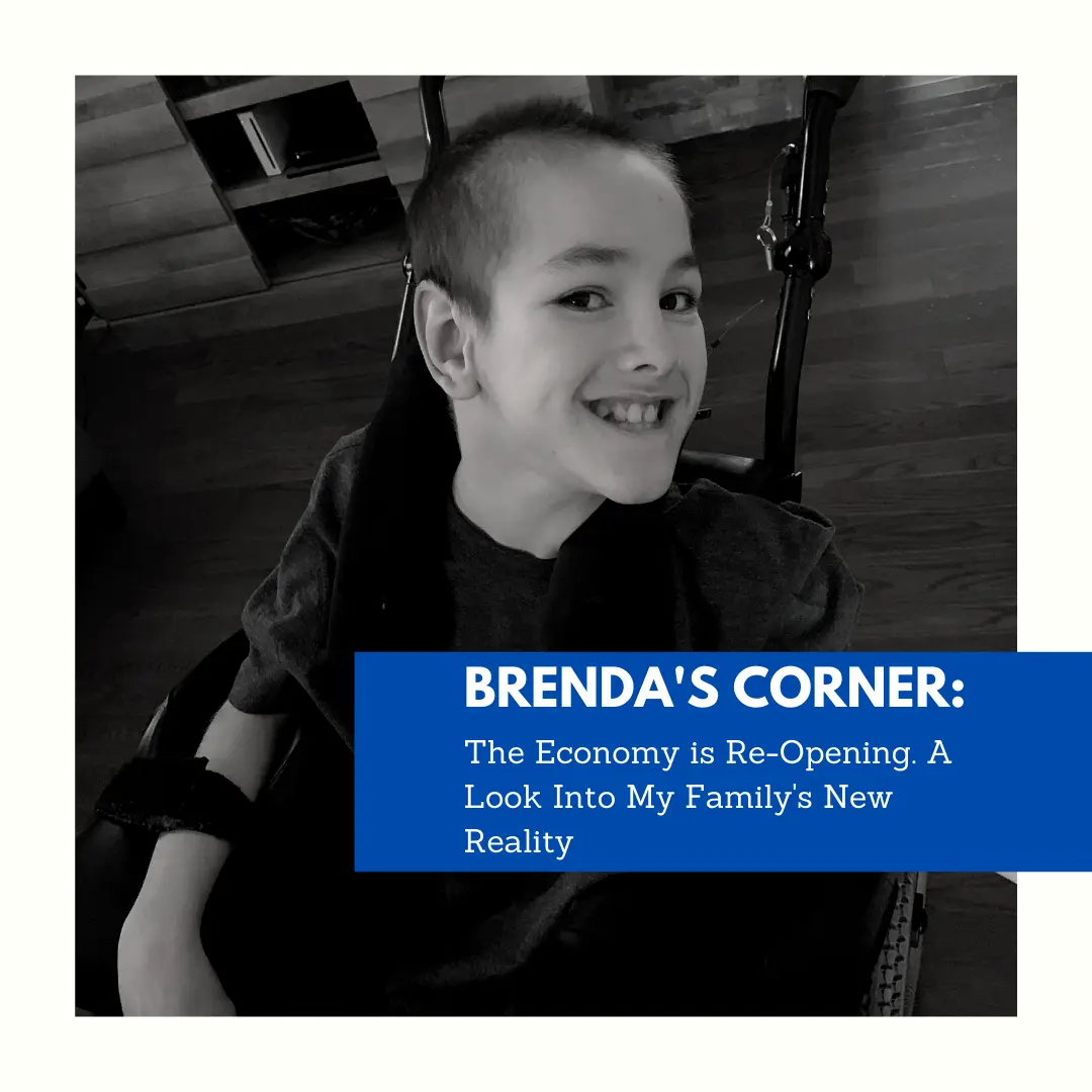 Maclain Agnew in Wheelchair with blue banner that says"Brenda's Corner"