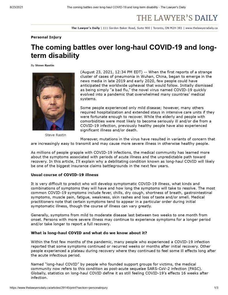 Steve Rastin The coming battles over long haul COVID 19 and long term disability The Lawyers Daily page 0001