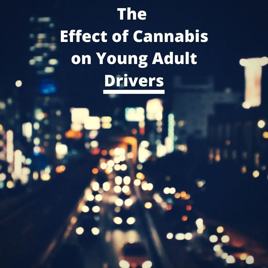 Blurred defocused colorful lights of traffic in the city stock photo overlayed titled, "The Effects of Cannabis on Young Drivers"