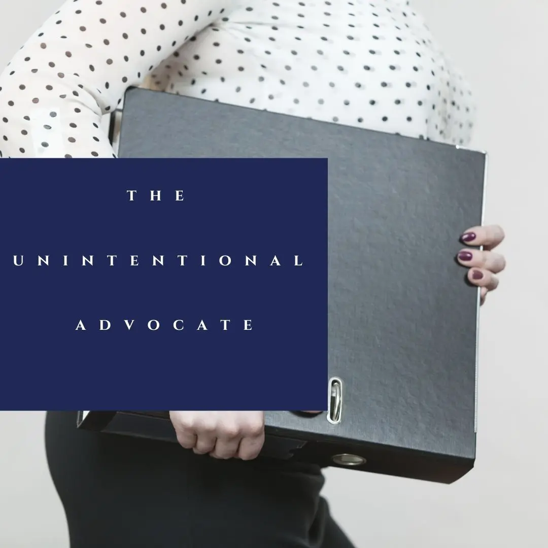 a woman in a white shirt with black polka dots carrying a black binder and title that says "the unintentional advocate"