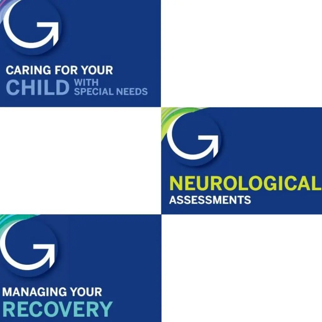 close up of the covers of the gluckstein authored resource guides, managing your recovery, caring for a child with special needs, neurological assessments