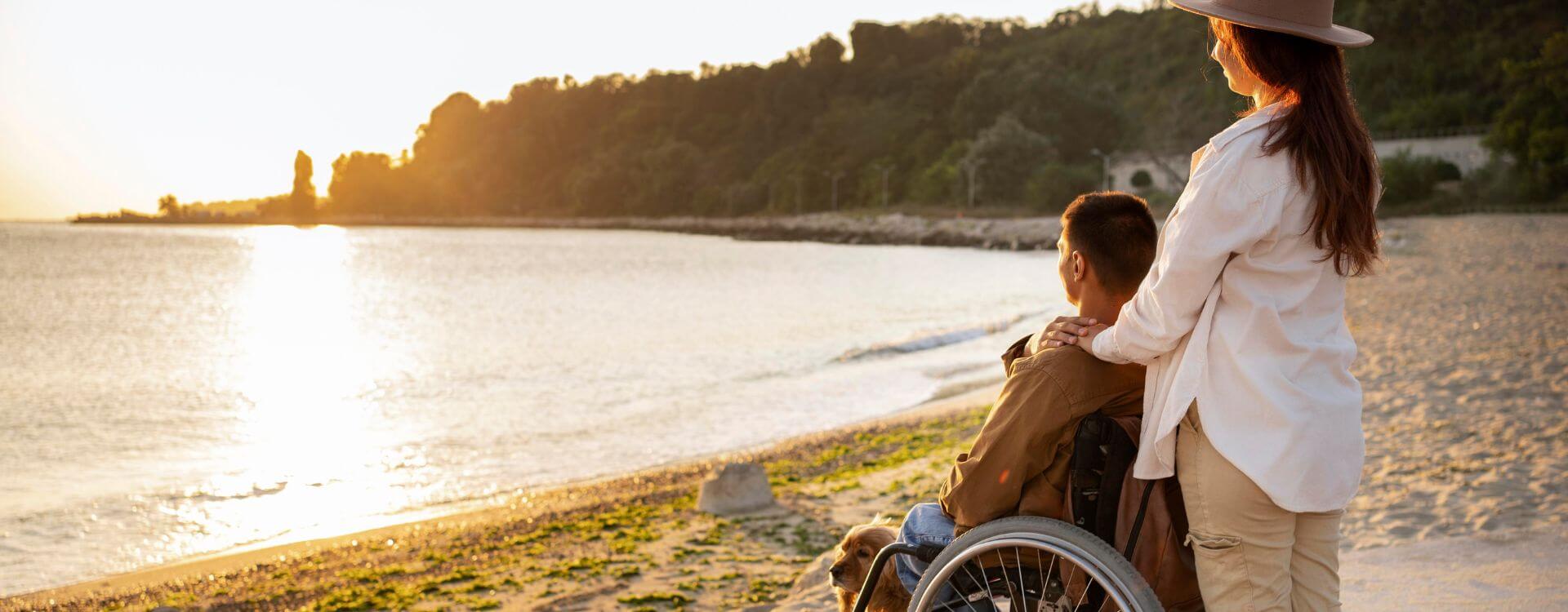 Full shot woman and disabled man traveling